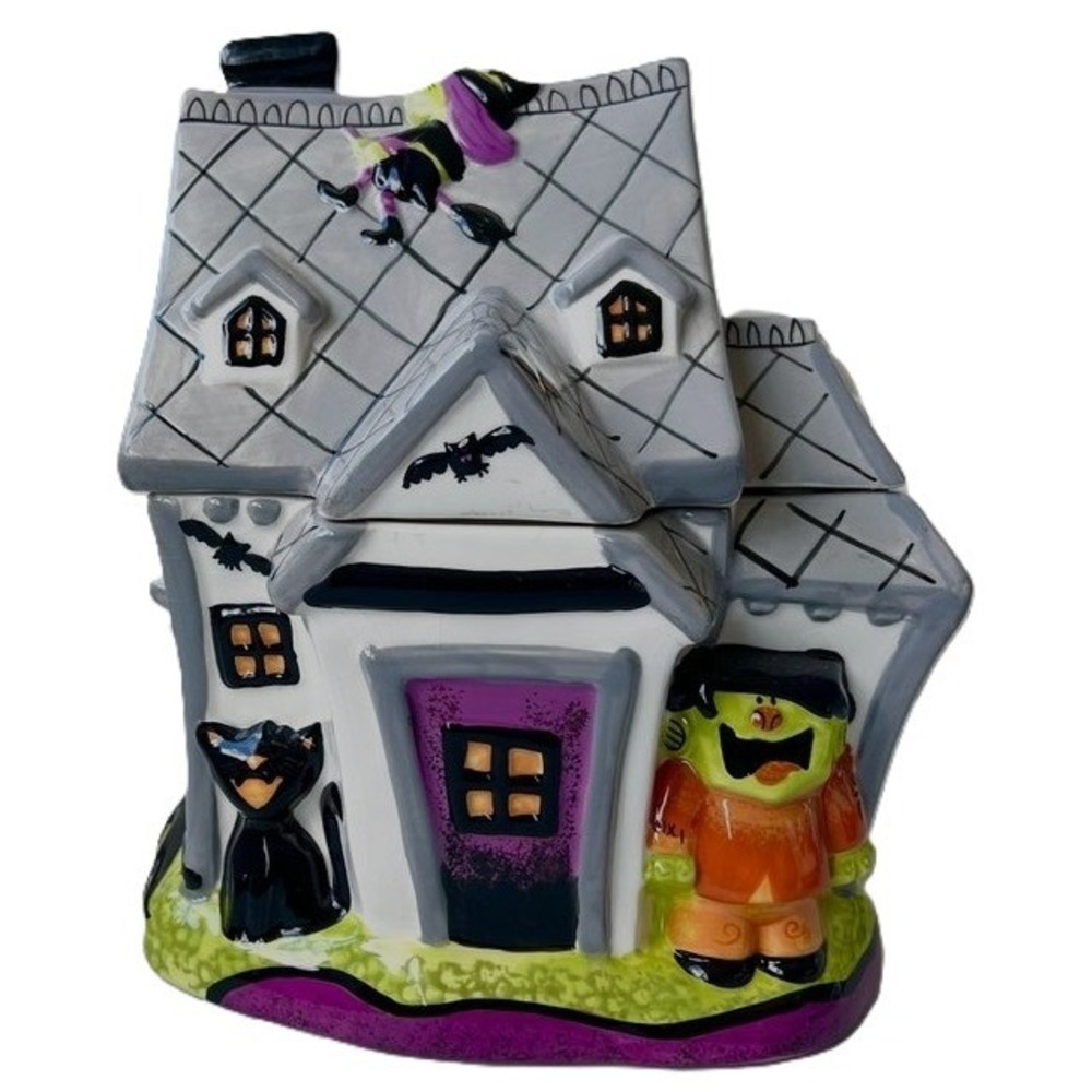Halloween Haunted House Witch & Black Cat Ceramic Cookie Jar